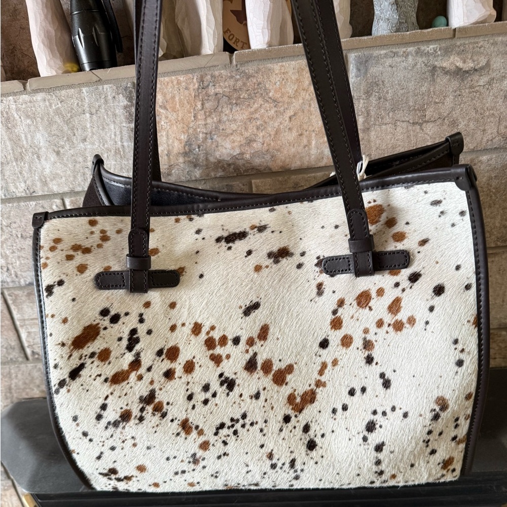 Hair-On Cowhide Tote with Brown Leather Trim - White & Brown